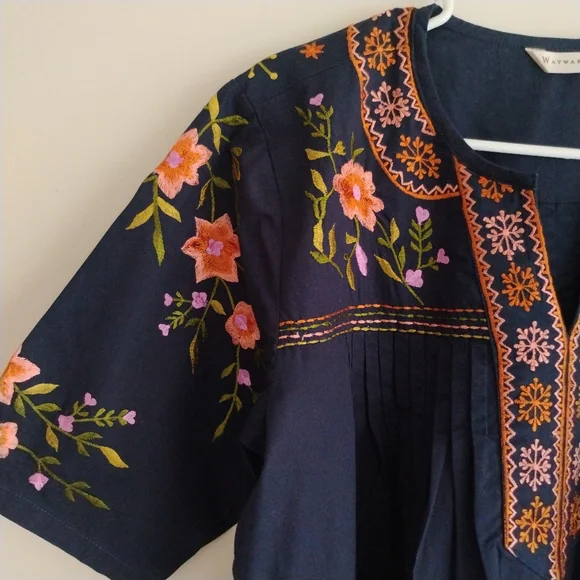 Wayward Fancies eShakti Floral Embroidered Pintuck Top Tunic Boho Peasant Cottag - Picture 5 of 14